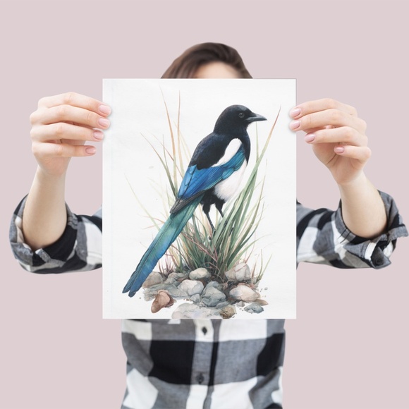Watercolor Magpie Bird Wall Art Print, Unframed - Elegant Nature-Inspired Decor - Picture 4 of 6
